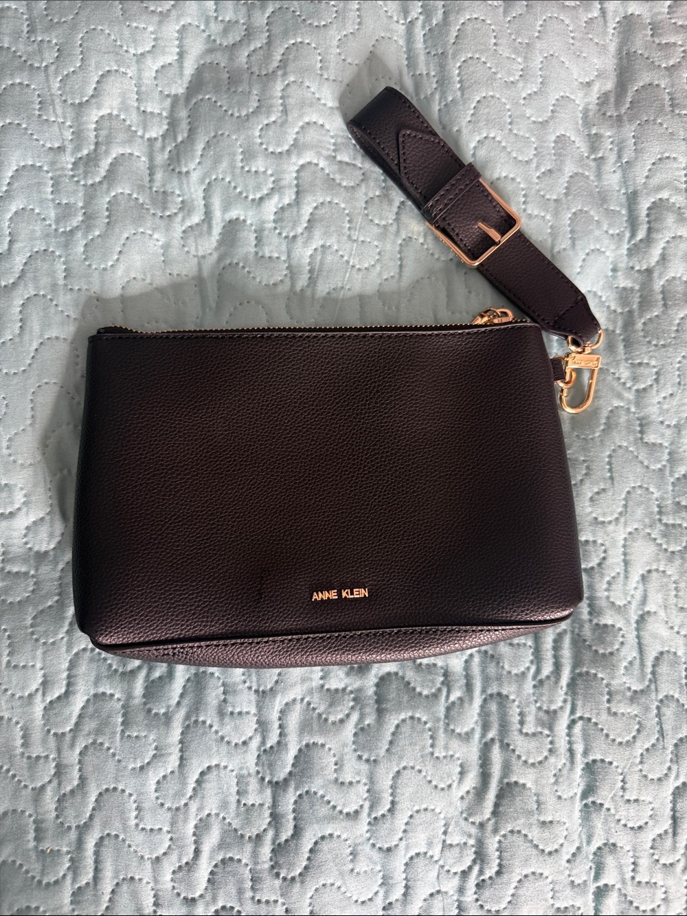 Anne Klein Dark Black Pebble Leather Wristlet with Gold Hardware